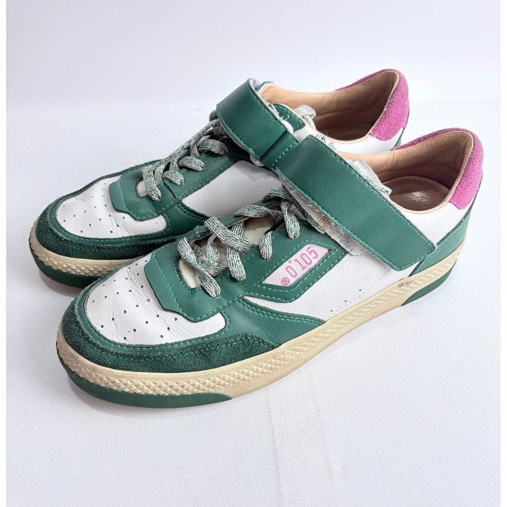 Italian Leather Retro Sneakers Green Pink EU 40 Court Shoes Zerocentocinque 0105